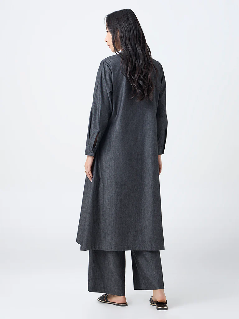 Utsa Black Geometric Design Denim A-Line Kurta - Image 4
