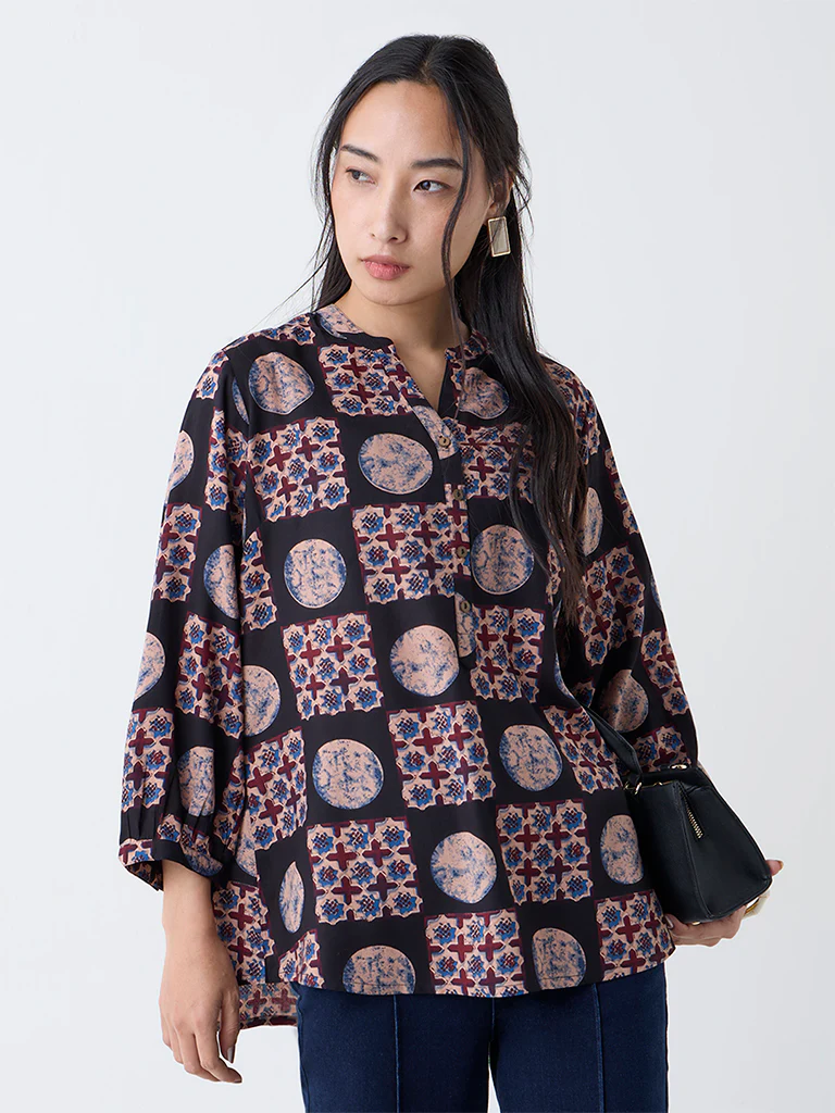 Utsa Black Geometric Design Tunic - Image 2