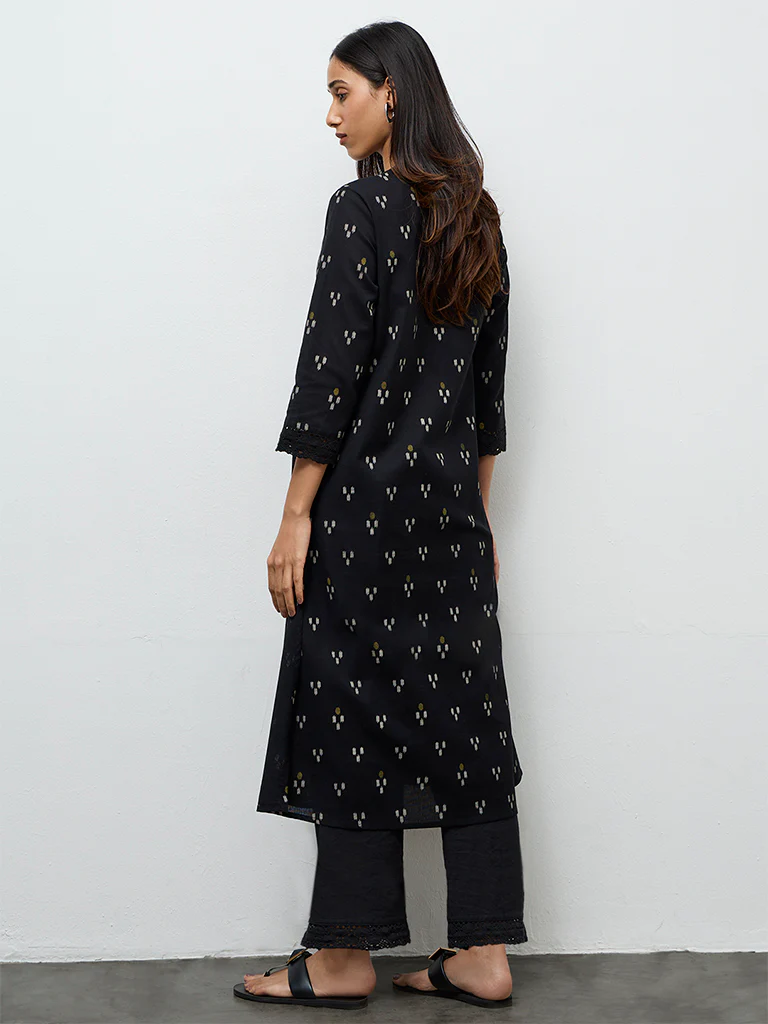 Utsa Black Ikkat Design Cotton-Blend A-Line Kurta - Image 4