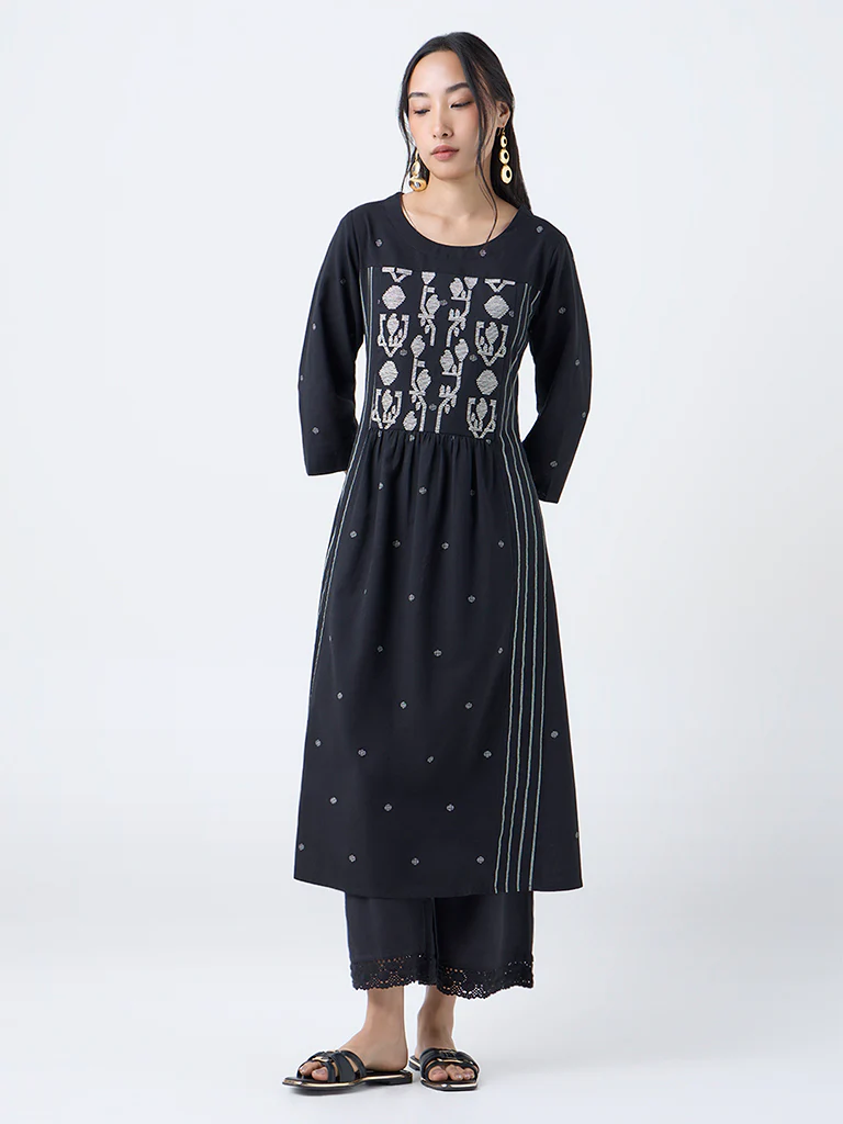 Utsa Black Jamdani Embroidered Cotton-Blend A-Line Kurta