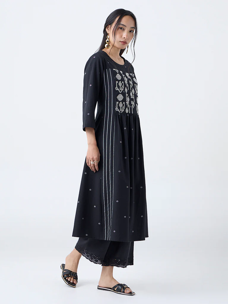Utsa Black Jamdani Embroidered Cotton-Blend A-Line Kurta - Image 2