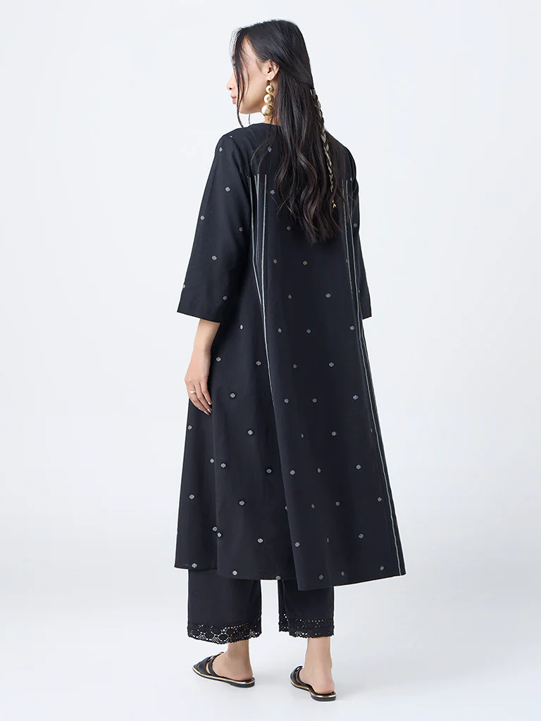 Utsa Black Jamdani Embroidered Cotton-Blend A-Line Kurta - Image 4