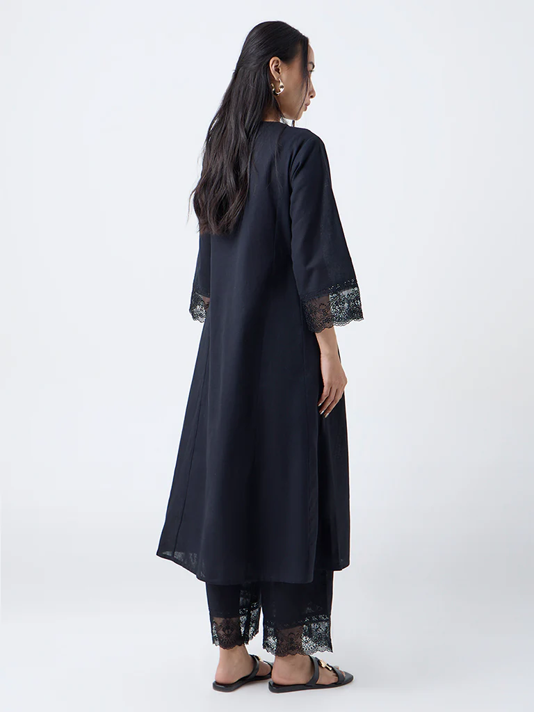 Utsa Black Lace-Detailed Cotton-Blend A-Line Kurta - Image 4