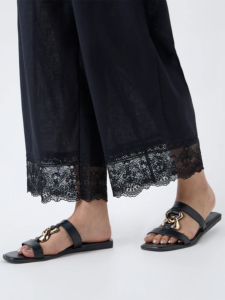 Utsa Black Lace-Detailed Cotton-Blend Ethnic Pants - Image 3