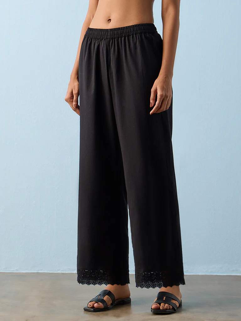 Utsa Black Lace-Detailed Cotton-Blend Pants