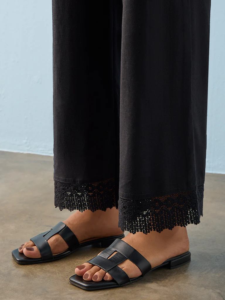 Utsa Black Lace-Detailed Cotton-Blend Pants - Image 3