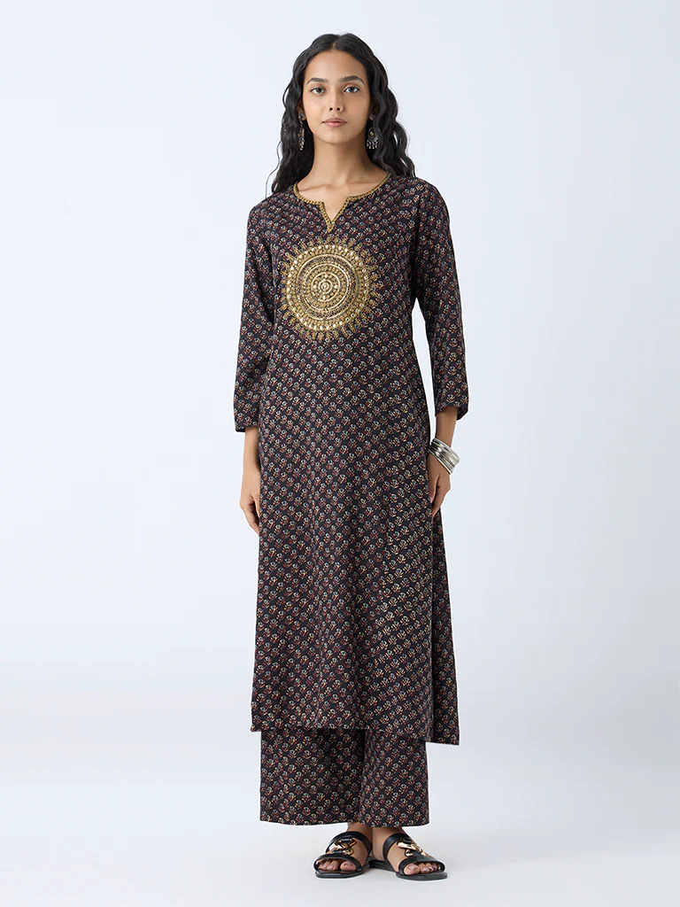 Utsa Black Mandala Embroidered A-Line Kurta