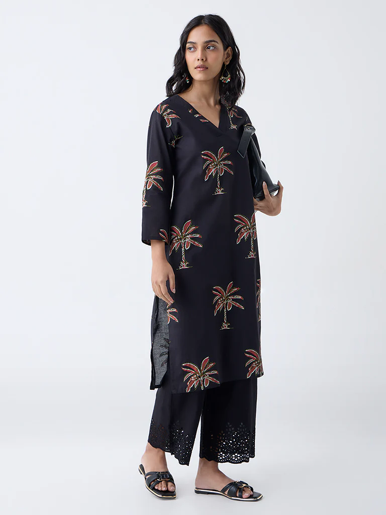 Utsa Black Nature-Inspired Cotton Straight Kurta - Image 2