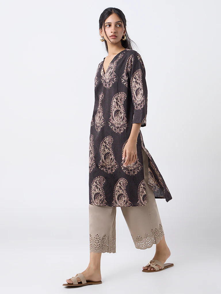 Utsa Black Paisley Design Cotton-Blend Straight Kurta - Image 2