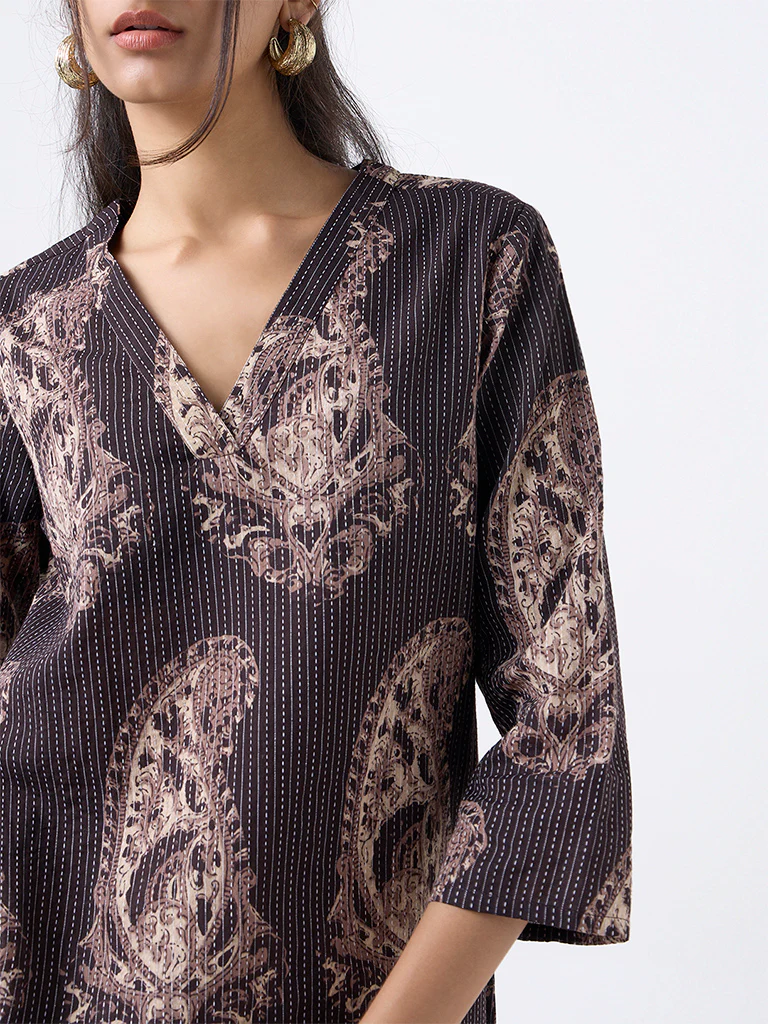 Utsa Black Paisley Design Cotton-Blend Straight Kurta - Image 3