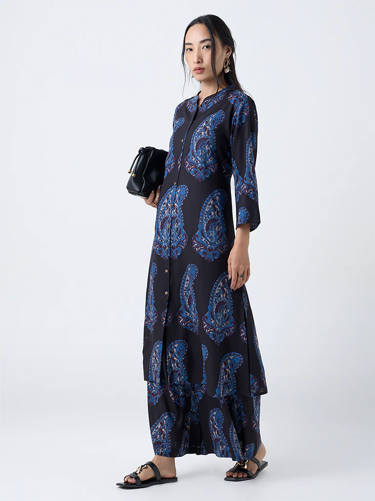 Utsa Black Paisley Printed A-Line Kurta - Image 2