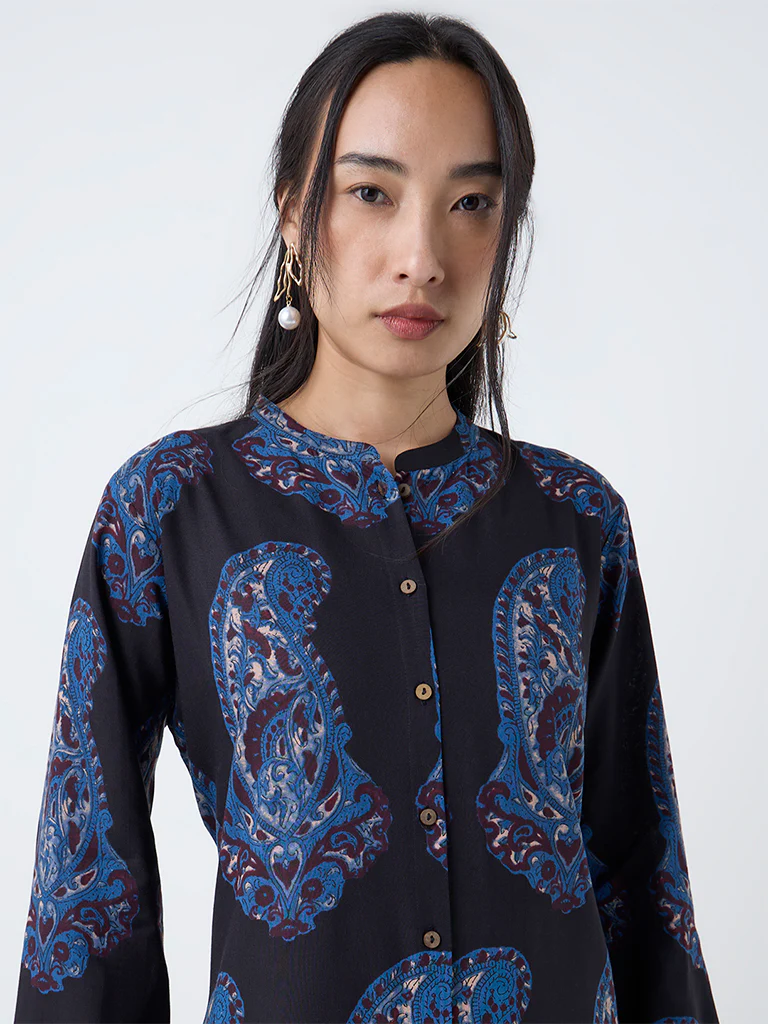 Utsa Black Paisley Printed A-Line Kurta - Image 3