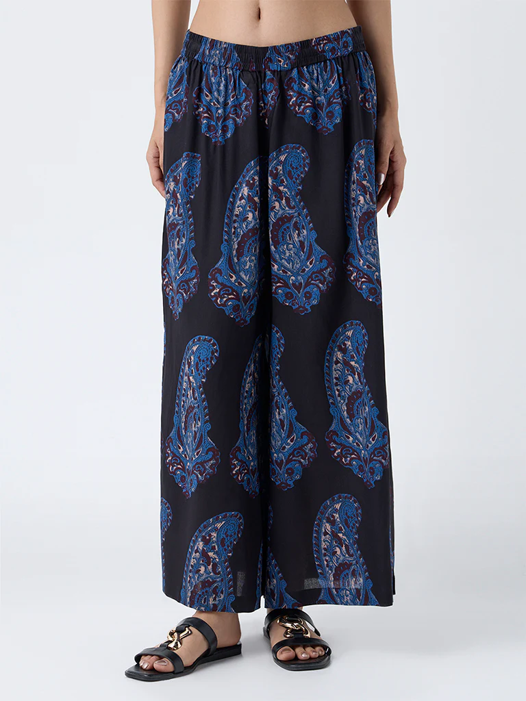 Utsa Black Paisley Printed Palazzos