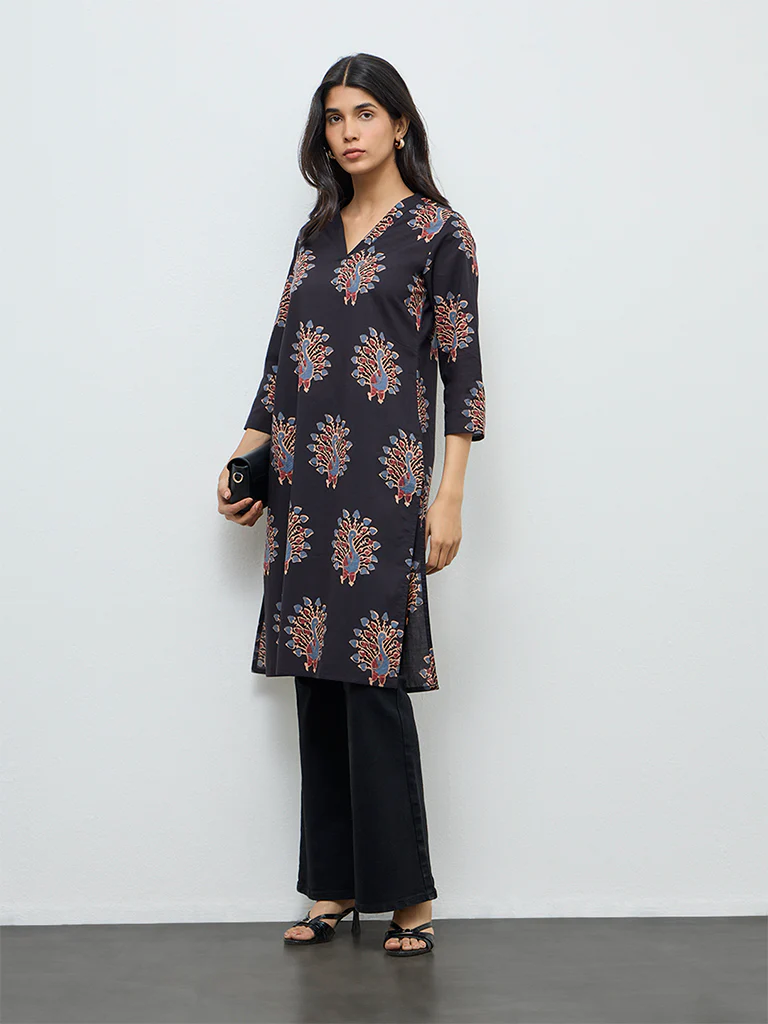 Utsa Black Peacock Design Straight Cotton Kurta - Image 2