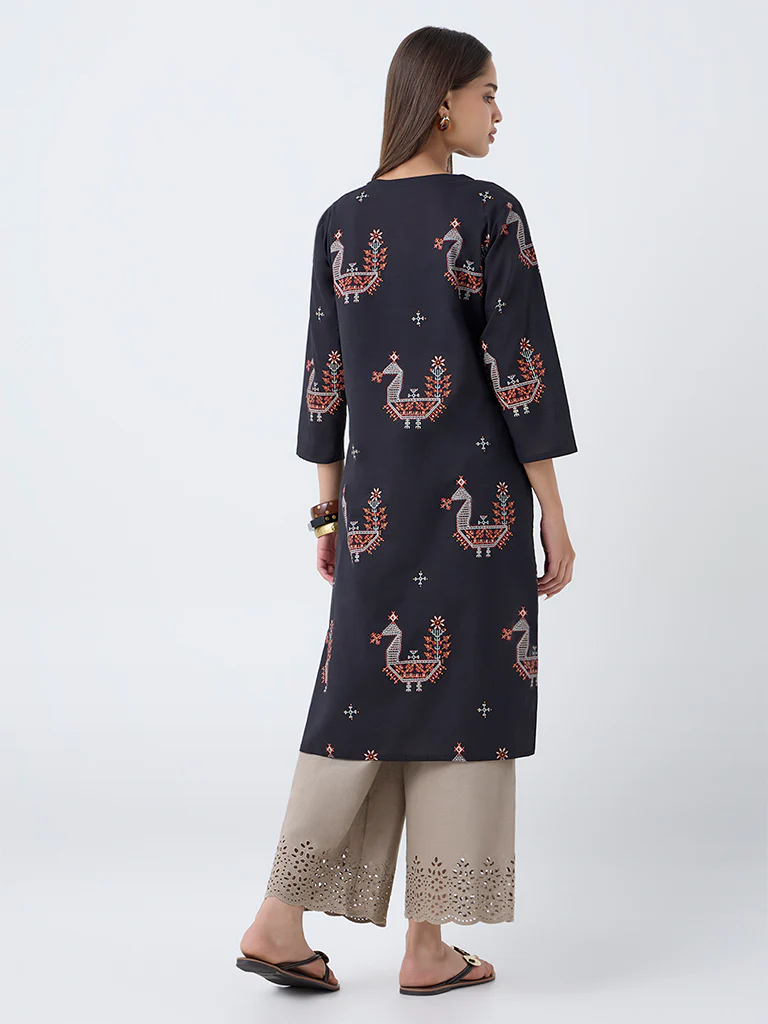 Utsa Black Peacock Printed Cotton Straight Kurta - Image 4