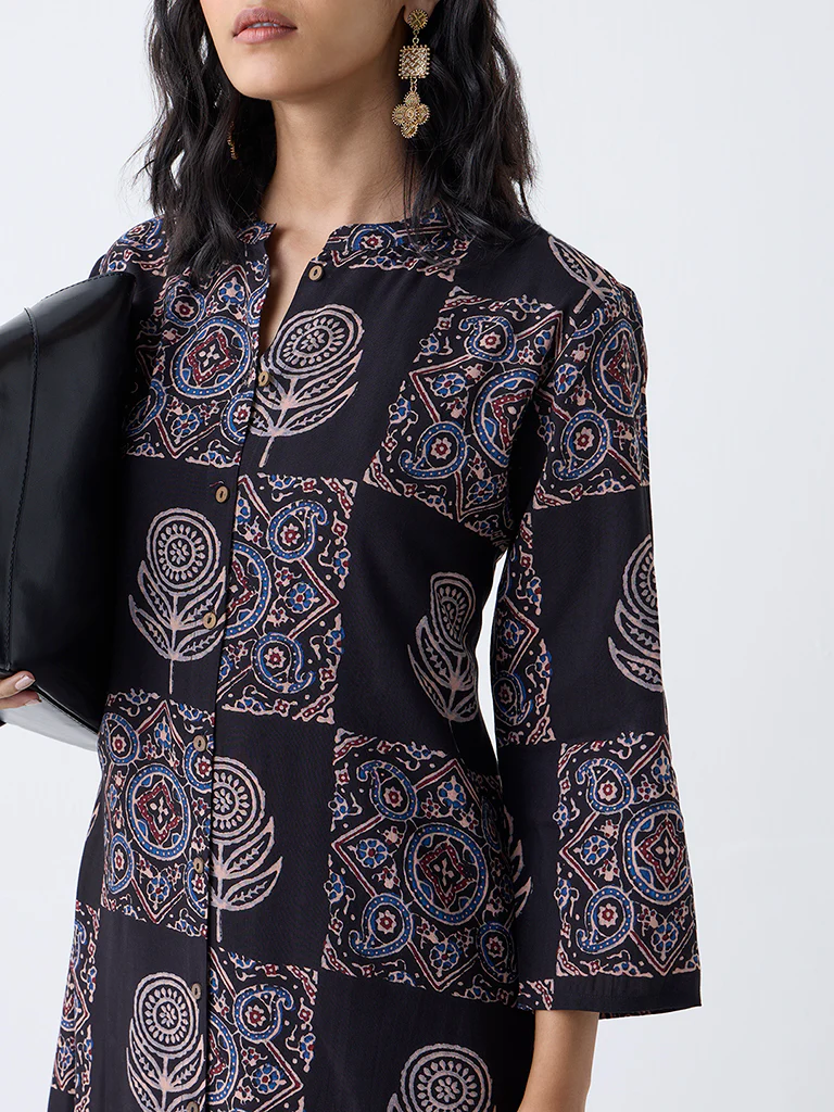 Utsa Black Printed A-Line Kurta - Image 3