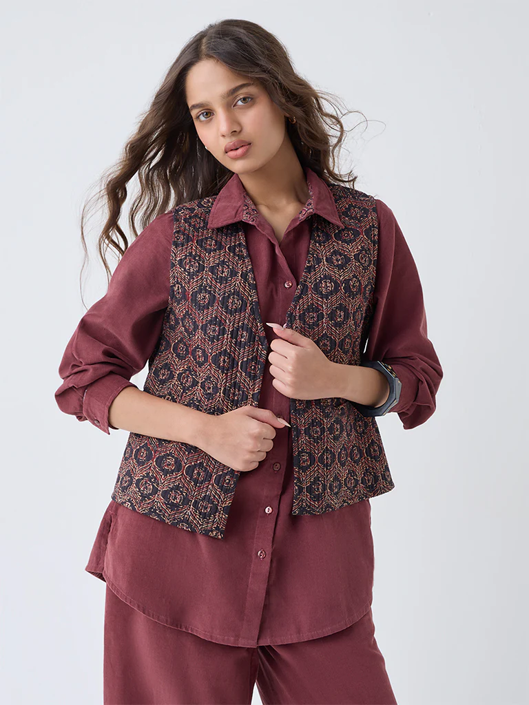 Utsa Black Printed Reversible Cotton Jacket