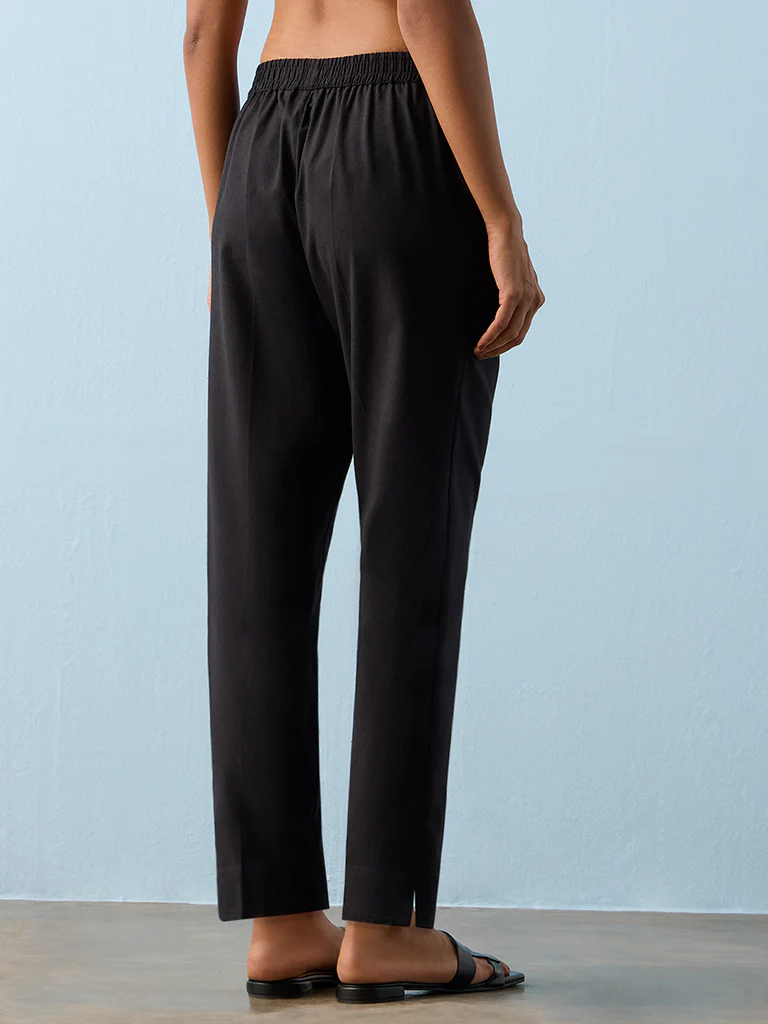 Utsa Black Solid Cotton-Blend Pants - Image 4