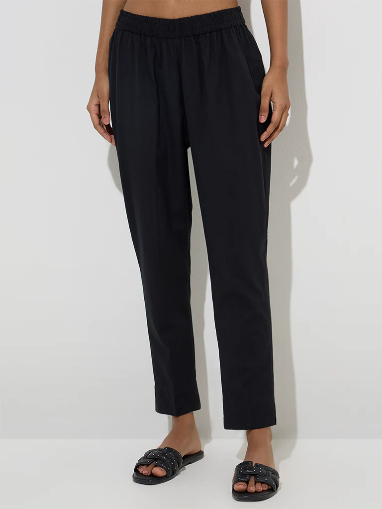 Utsa Black Solid Cotton Ethnic Pants - Image 2