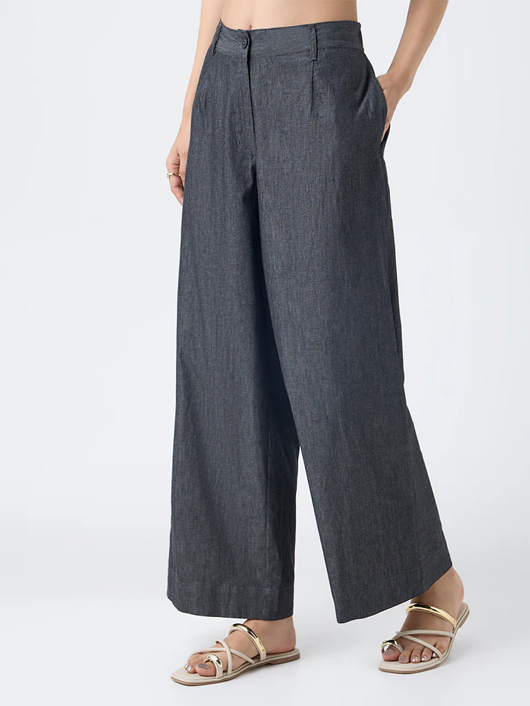 Utsa Black Solid Cotton Pants