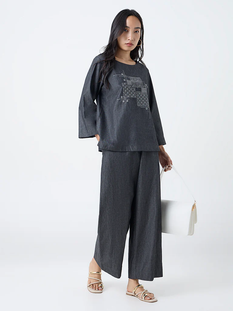 Utsa Black Solid Cotton Pants - Image 2