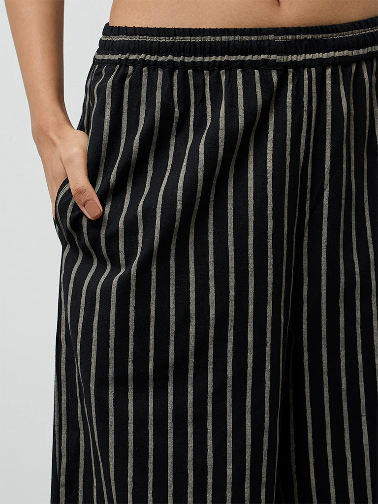 Utsa Black Striped Cotton-Blend Pants - Image 3