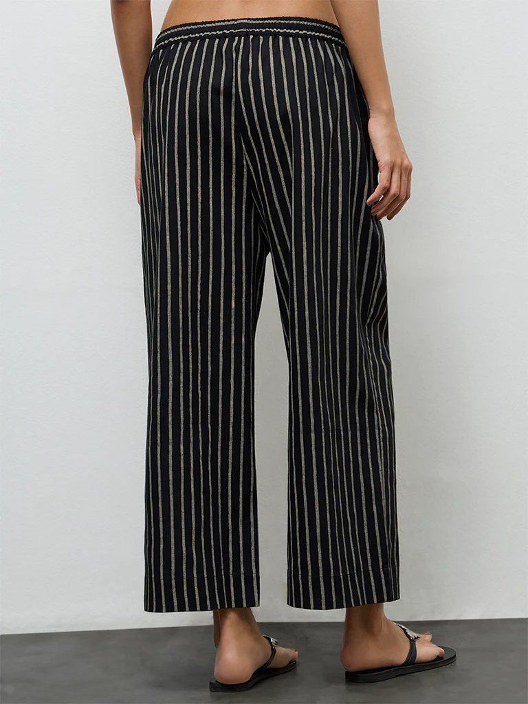 Utsa Black Striped Cotton-Blend Pants - Image 4