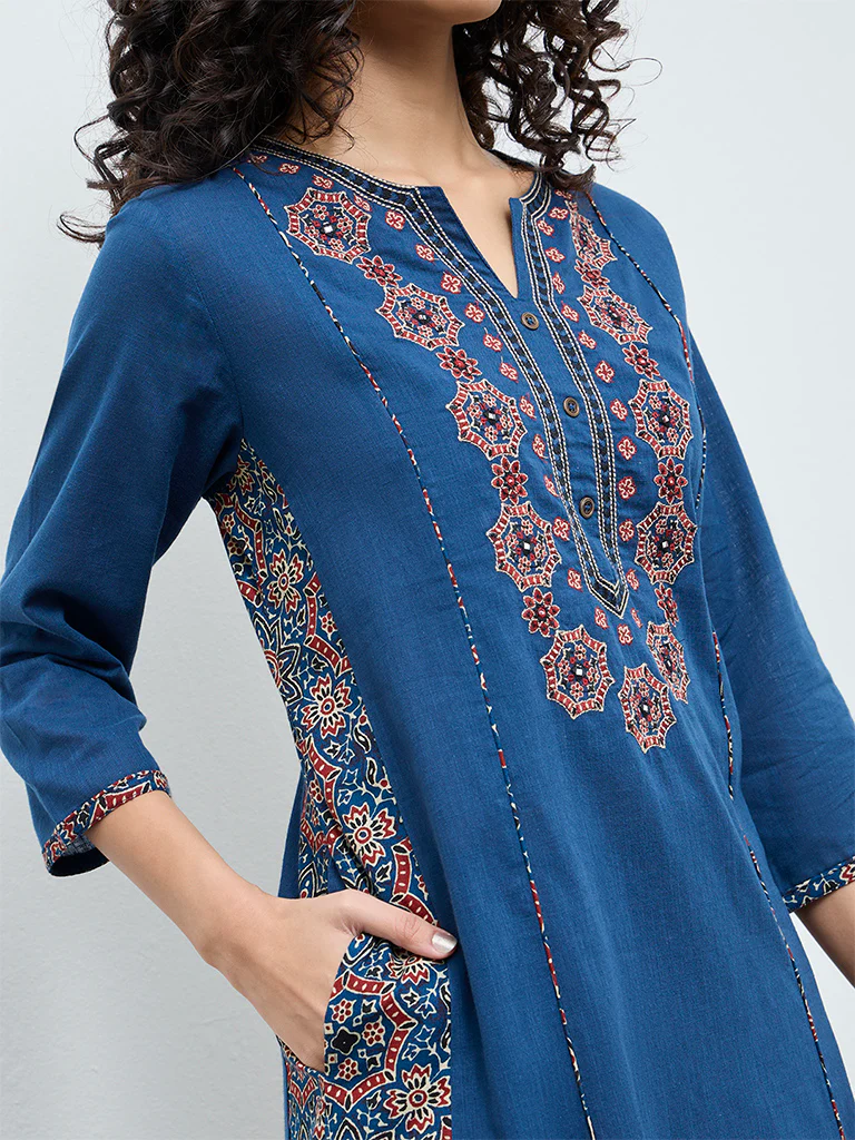 Utsa Dark Blue Embroidered Cotton A-Line Kurta - Image 3