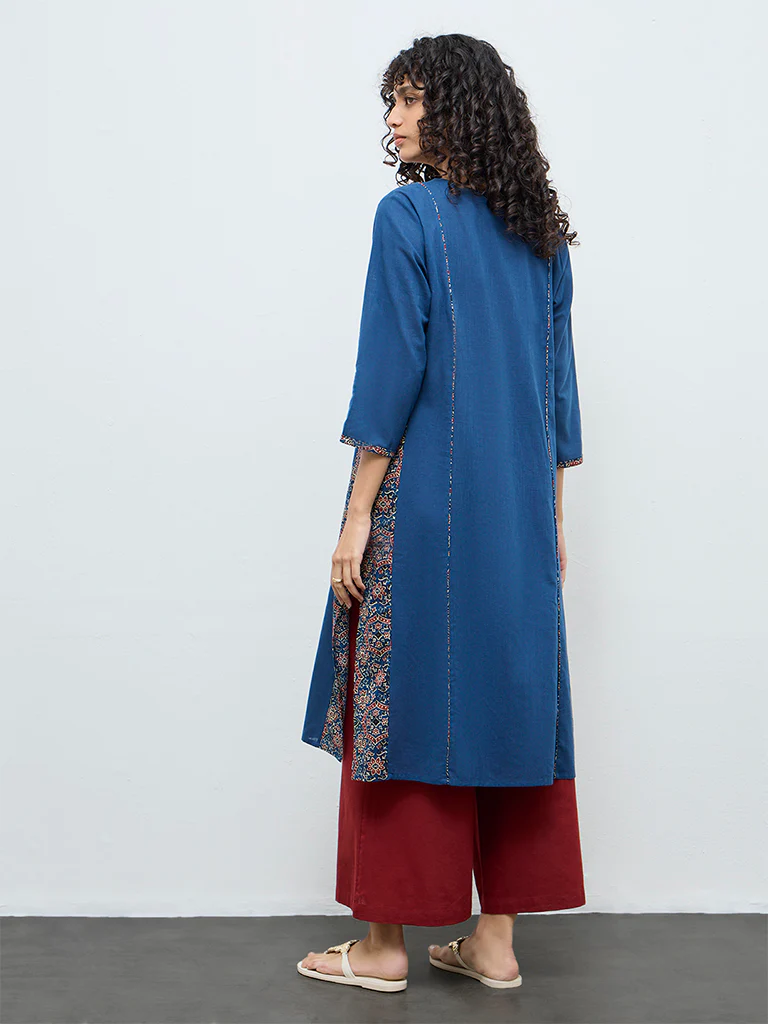 Utsa Dark Blue Embroidered Cotton A-Line Kurta - Image 4