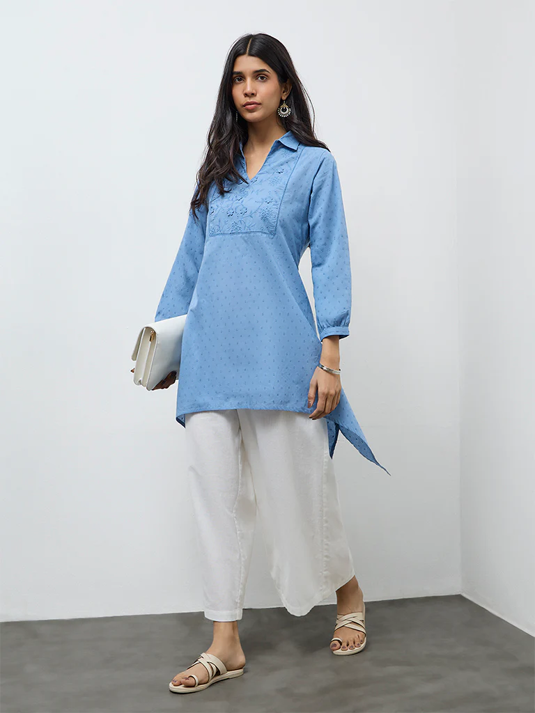 Utsa Blue Embroidered Cotton Straight Kurta - Image 2