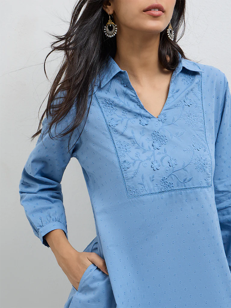 Utsa Blue Embroidered Cotton Straight Kurta - Image 3