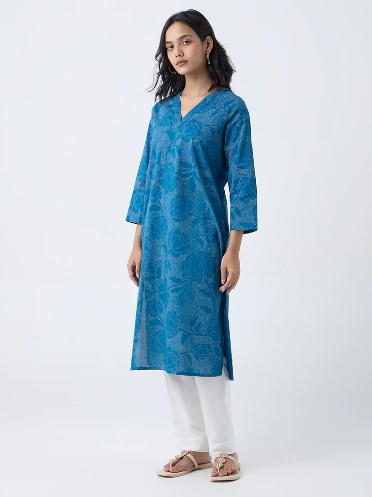 Utsa Blue Floral Design Cotton Straight Kurta - Image 2