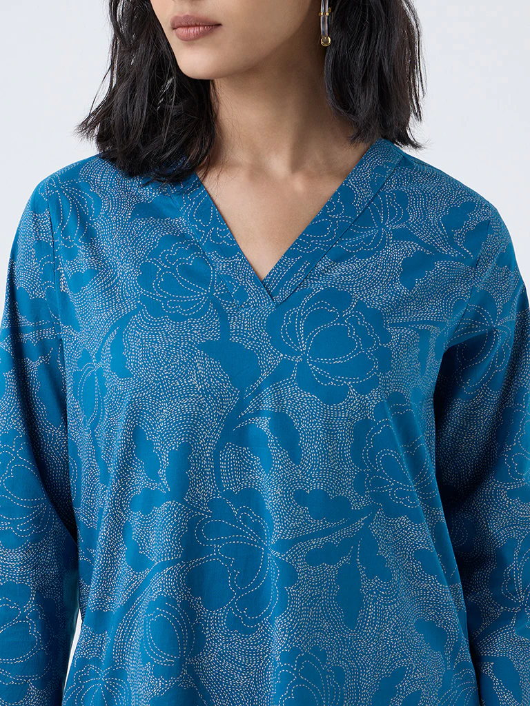 Utsa Blue Floral Design Cotton Straight Kurta - Image 3