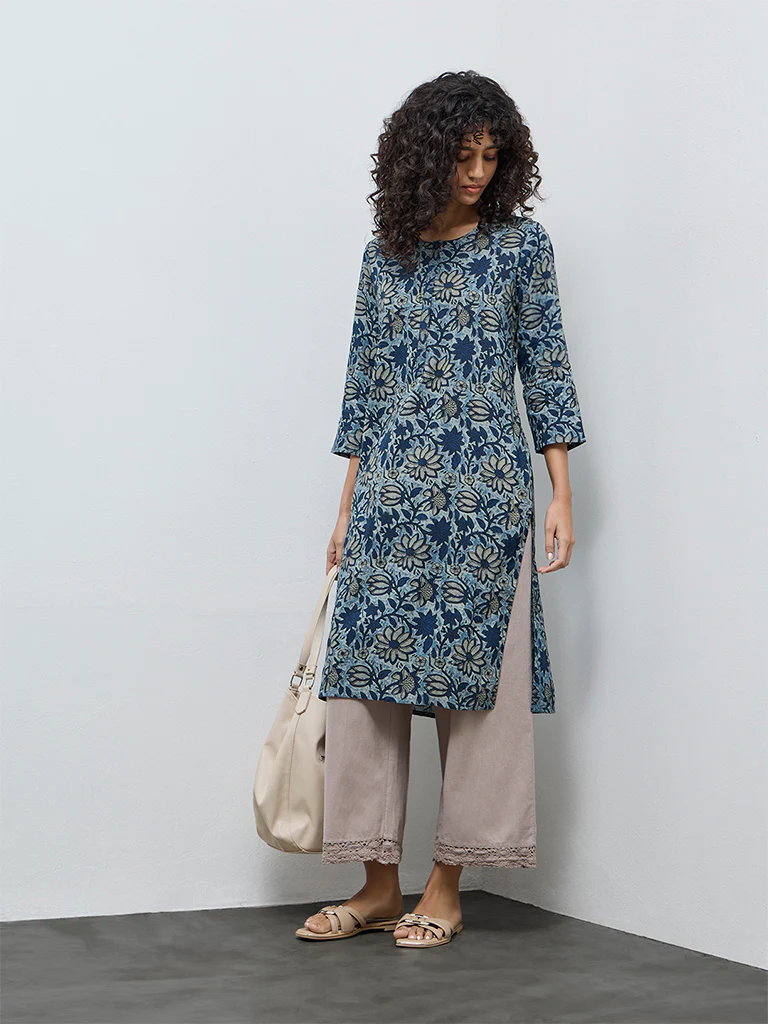 Utsa Blue Floral Design Cotton Straight Kurta