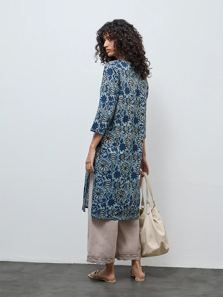 Utsa Blue Floral Design Cotton Straight Kurta - Image 4
