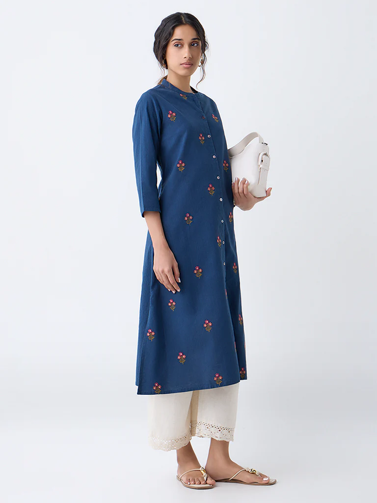 Utsa Blue Floral Embroidered A-Line Cotton Kurta