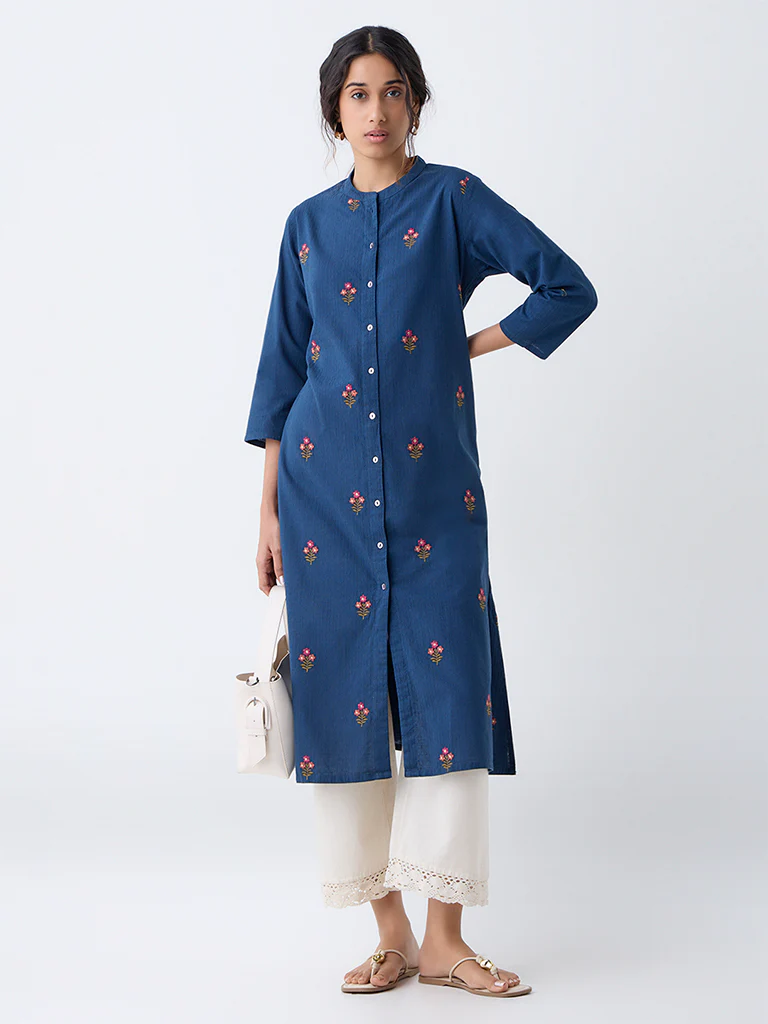 Utsa Blue Floral Embroidered A-Line Cotton Kurta - Image 2