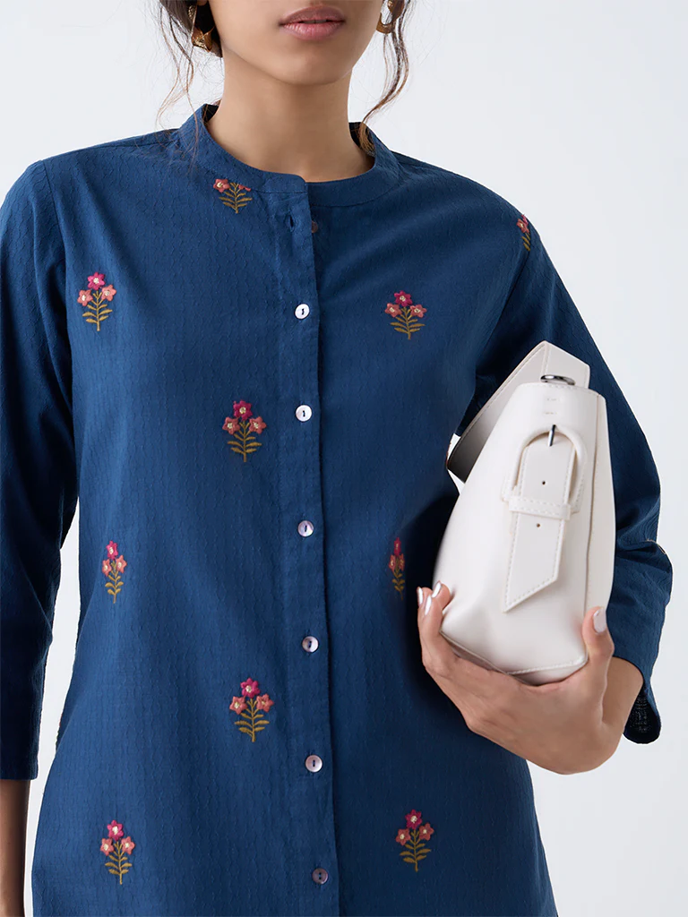 Utsa Blue Floral Embroidered A-Line Cotton Kurta - Image 3