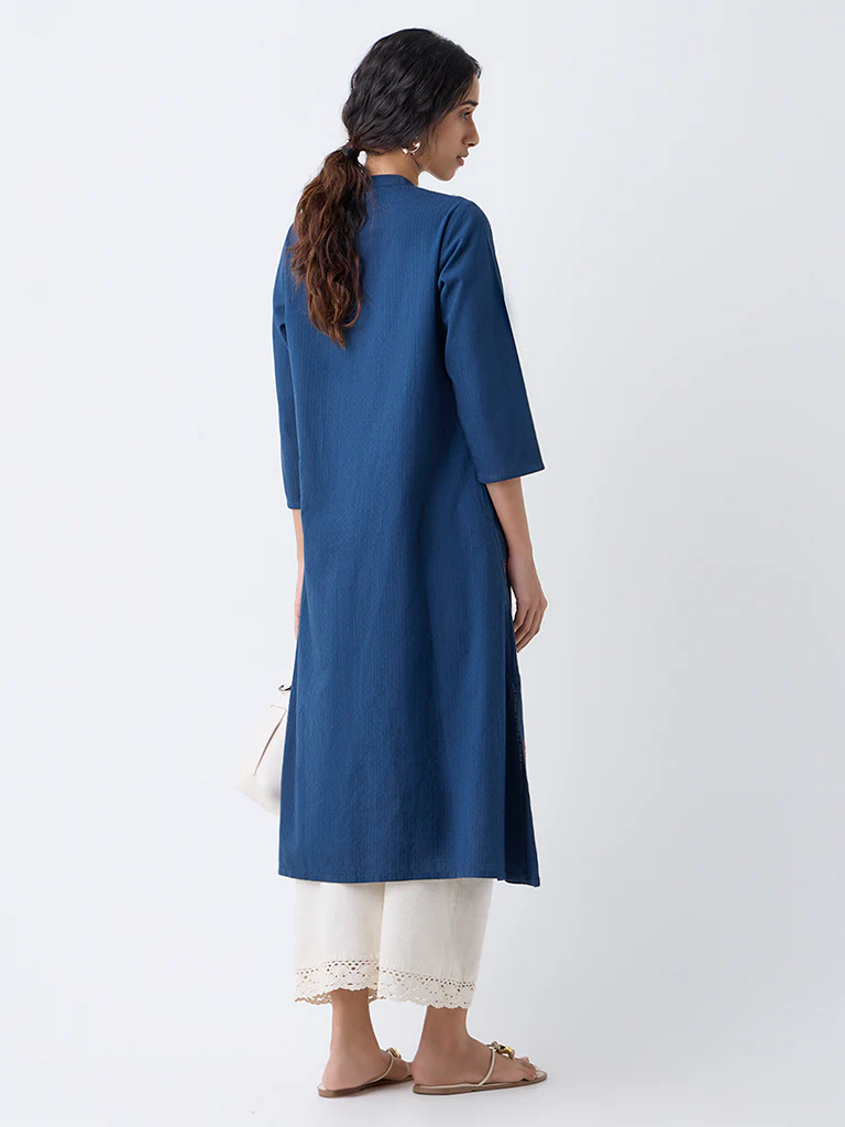 Utsa Blue Floral Embroidered A-Line Cotton Kurta - Image 4