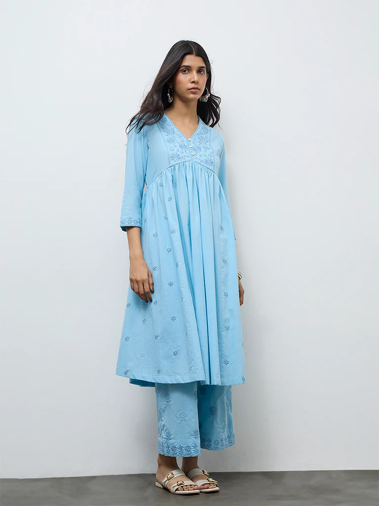 Utsa Blue Floral Embroidered Cotton A-Line Kurta - Image 2