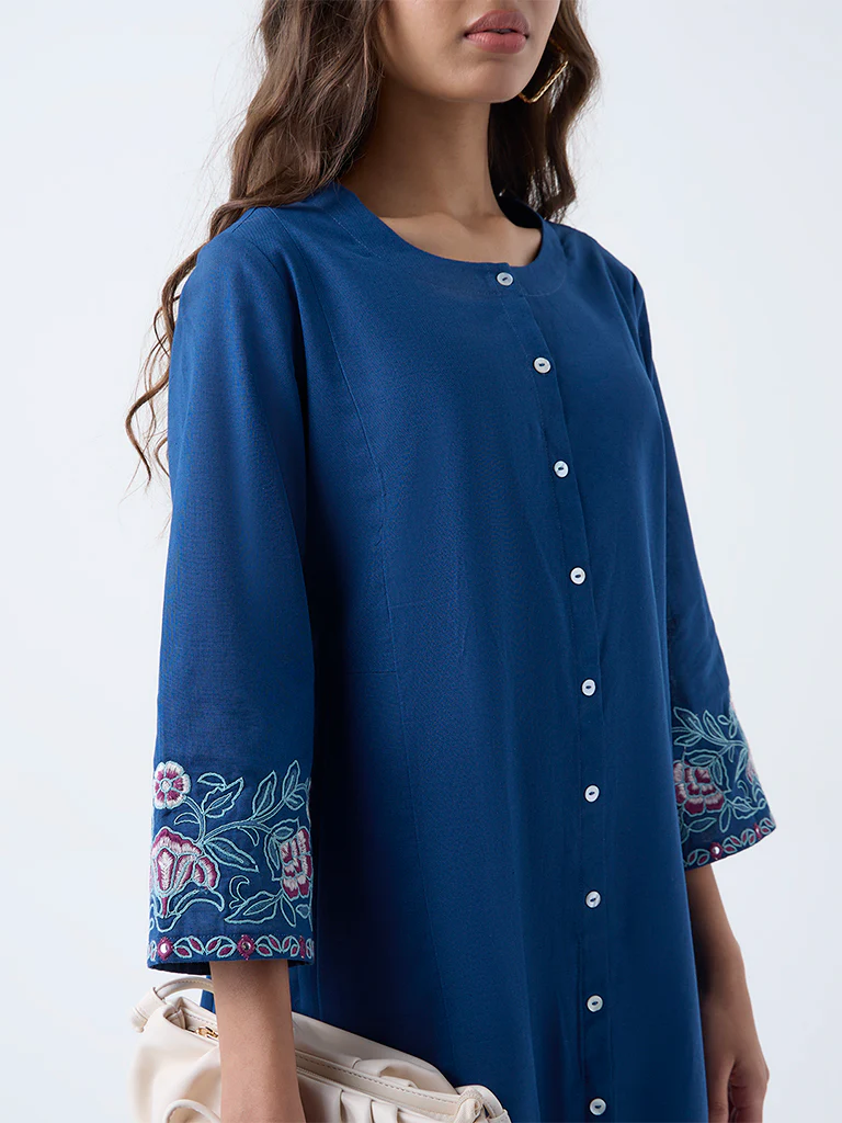 Utsa Blue Floral Embroidered Cotton-Blend A-Line Kurta - Image 3