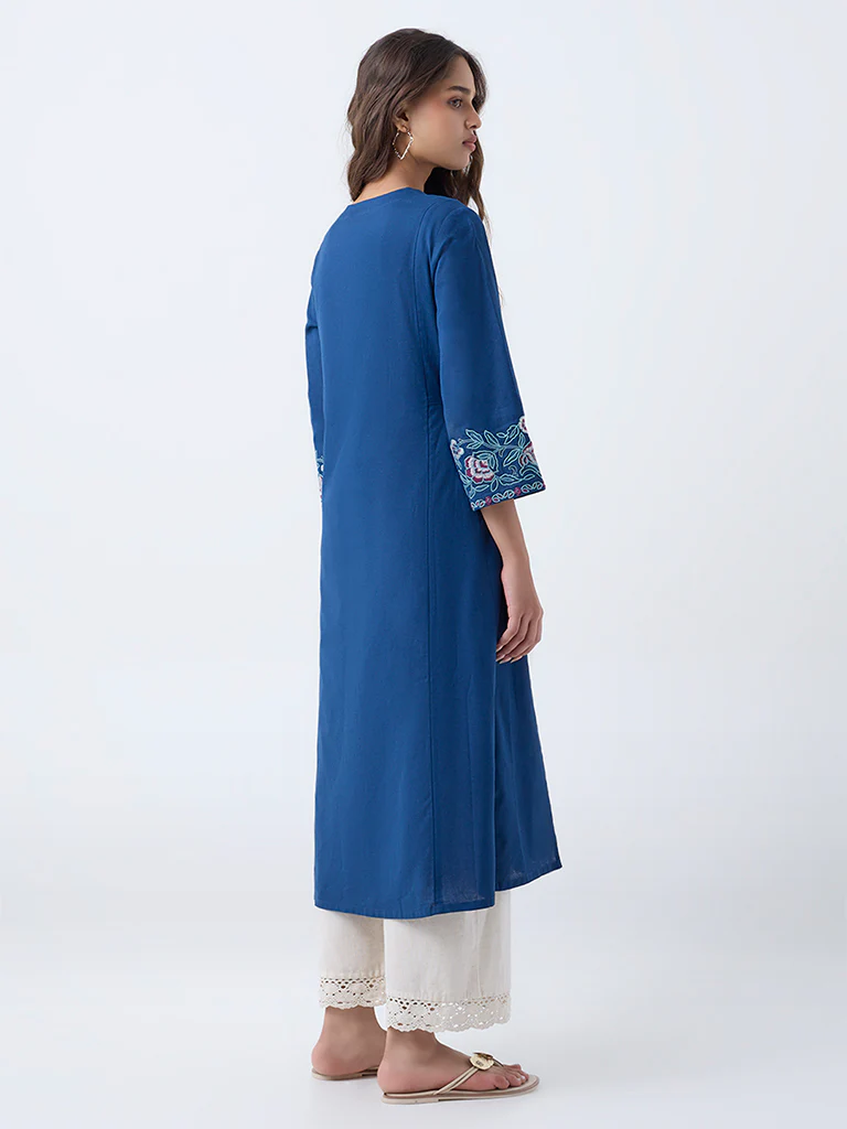 Utsa Blue Floral Embroidered Cotton-Blend A-Line Kurta - Image 4