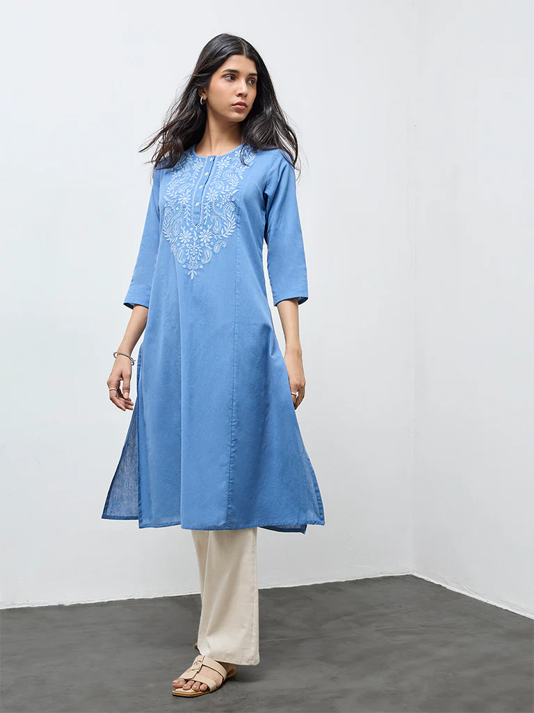 Utsa Blue Floral Embroidered Cotton-Blend A-Line Kurta - Image 2