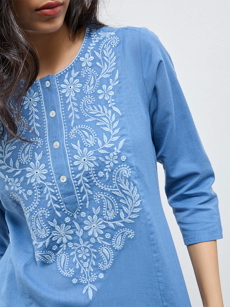 Utsa Blue Floral Embroidered Cotton-Blend A-Line Kurta - Image 3