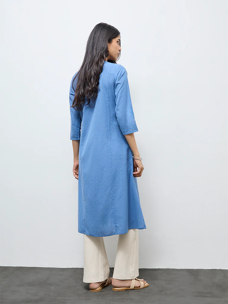 Utsa Blue Floral Embroidered Cotton-Blend A-Line Kurta - Image 4