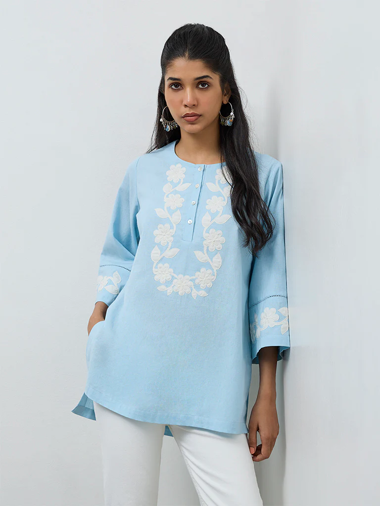 Utsa Blue Floral Embroidered Cotton-Blend Tunic