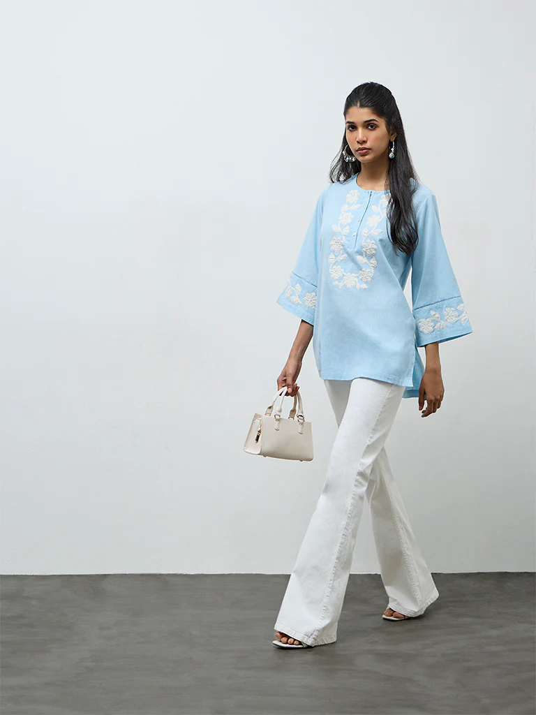 Utsa Blue Floral Embroidered Cotton-Blend Tunic - Image 2