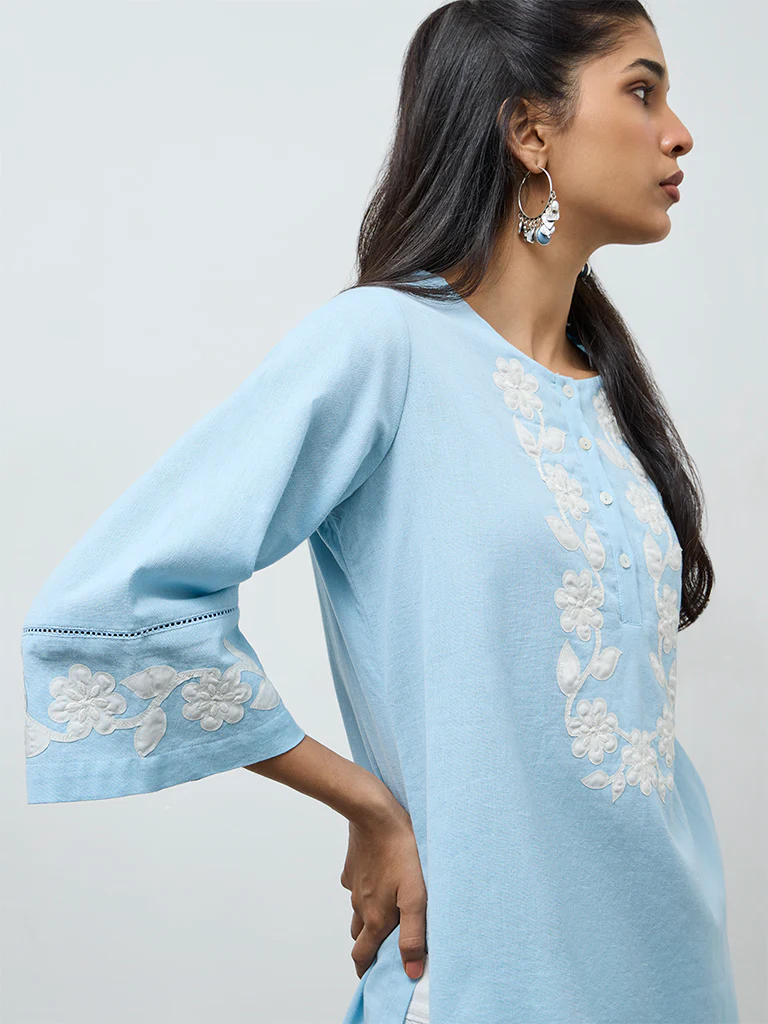 Utsa Blue Floral Embroidered Cotton-Blend Tunic - Image 3