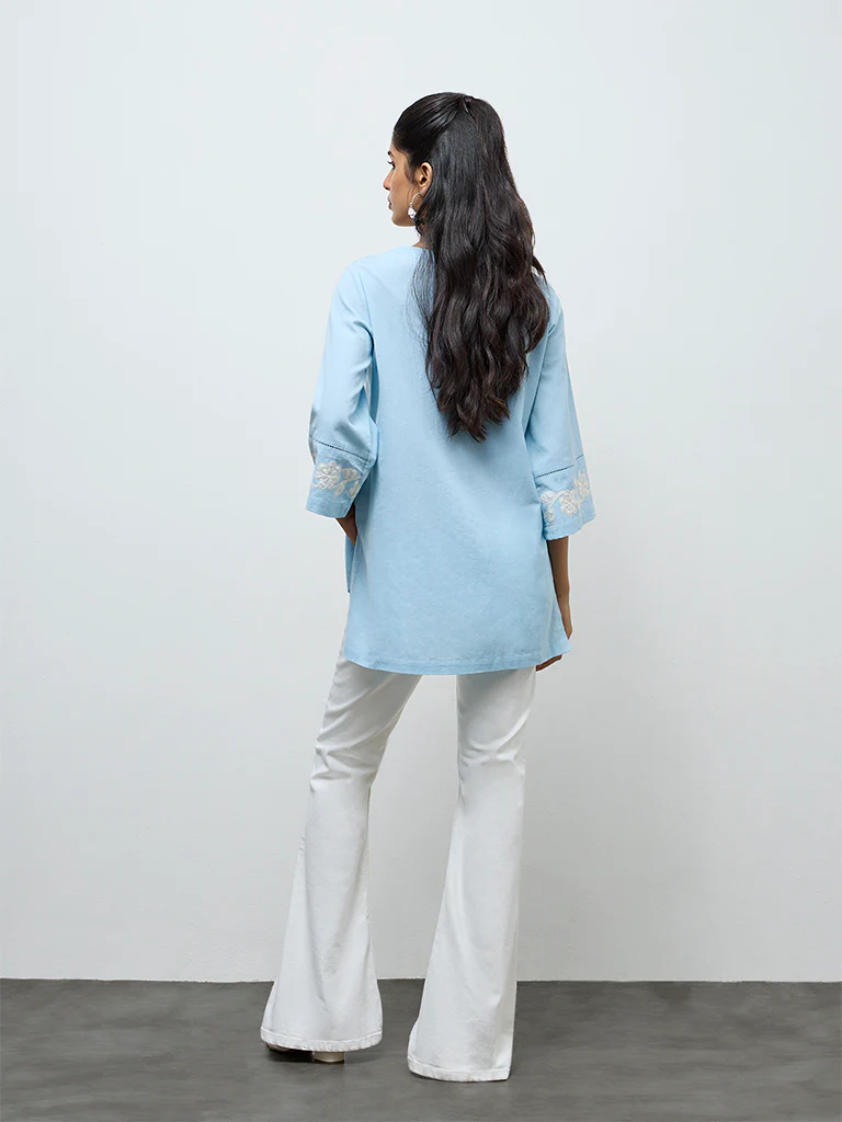 Utsa Blue Floral Embroidered Cotton-Blend Tunic - Image 4