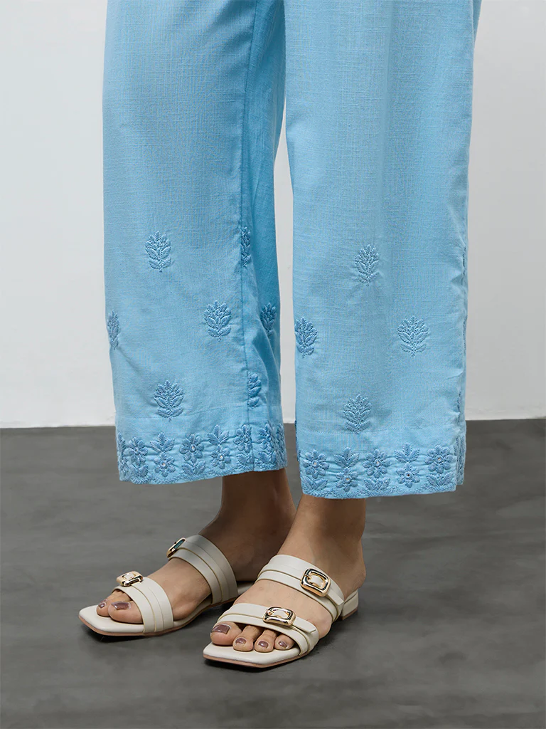 Utsa Blue Floral Embroidered Cotton Pants - Image 3